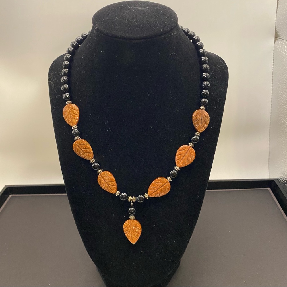 Brown Leaf Pendant Necklace with Black Beads